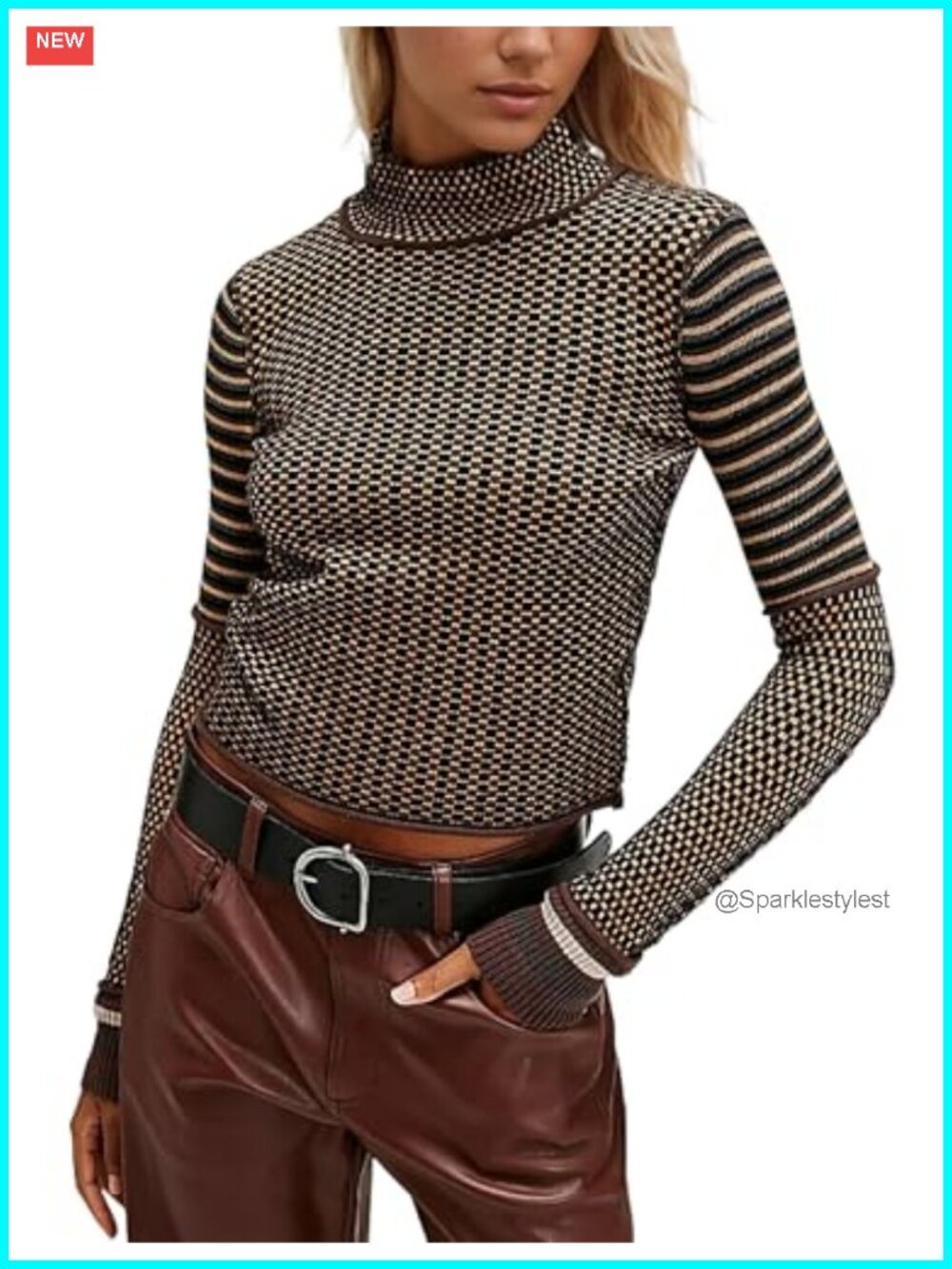 Mock Neck Striped Plaid Cropped Sweater Slim Fit Long Sleeve Pullover